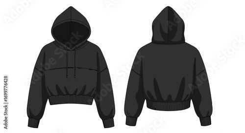 Minimalist black cropped hoodie vector illustration showcases both front and back designs with detailed seams and elastic waistbands for design and