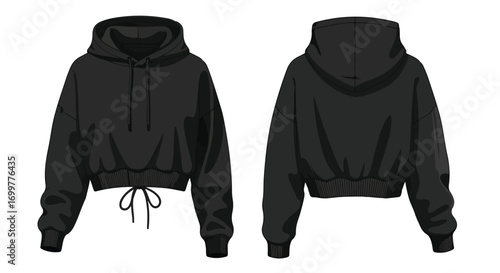 Contemporary black cropped hoodie showcase with adjustable drawstrings, front and back views illustrating modern streetwear design concept isolated