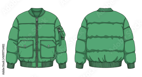 Vibrant green puffer jacket illustration showcasing front and back details, suitable for fashion design visuals or technical drawing purposes,