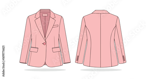 Elegant blush blazer illustration, showcasing front and back details of a sophisticated design, rendered on a crisp white backdrop