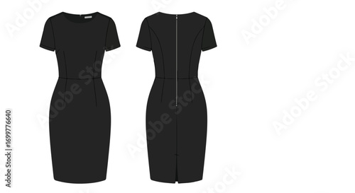 Front and back views of a classic black sheath dress demonstrating garment construction and tailoring details for designers