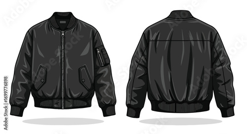 Detailed Vector Illustration Showcasing Front and Back Views of a Classic Black Bomber Jacket isolated on white background