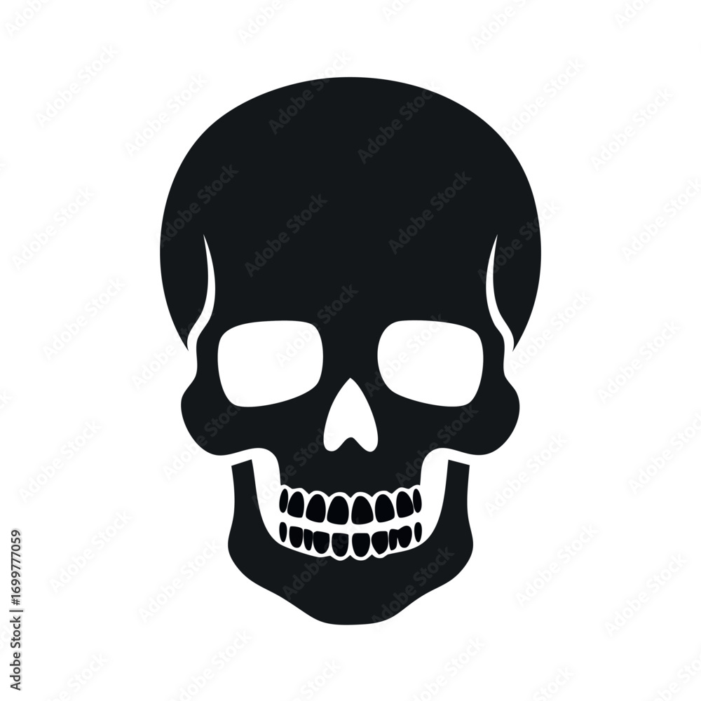 Fototapeta premium A stark black skull with detailed teeth and eye sockets, set against a plain white background.