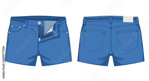 Illustration showcasing two pairs of blue denim shorts, one displayed from the front and the other from the back against a white background