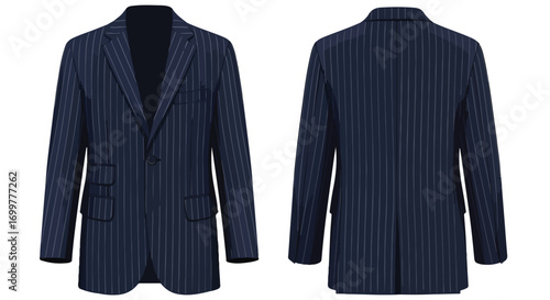 Sophisticated Navy Pinstripe Blazer with Classic Cut: Front and Back Views for Fashion and Design Representation