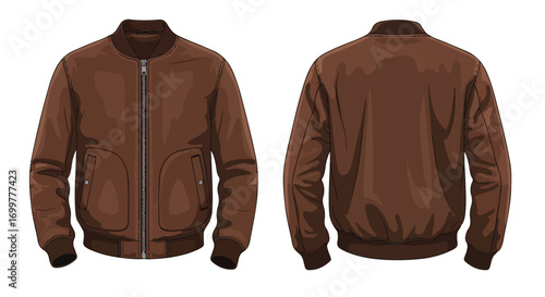 Stylized brown bomber jacket illustration showcasing the front and back design for apparel design showcases