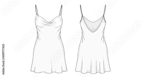 Slinky slip dress technical drawing showcasing both front and back views on a clean white background for design reference