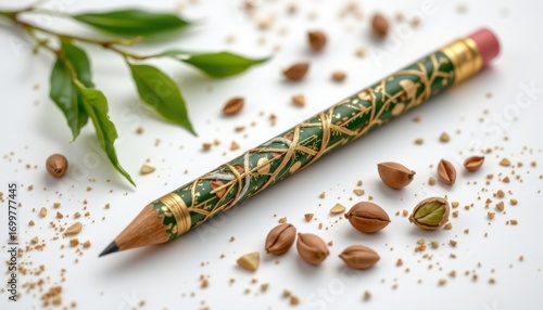 a sustainable plantable pencil embedded with eucalyptus seeds, featuring woven plant fiber detail, infused with natural aromas, isolated product visualization on white background.