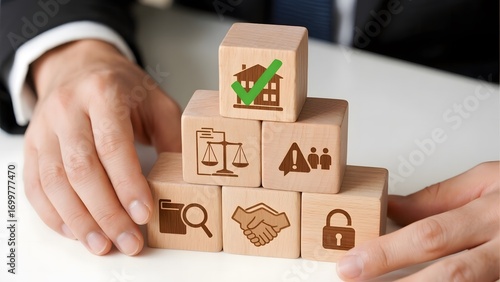 Hands arranging wooden blocks with icons representing real estate, law, safety, and partnership.
