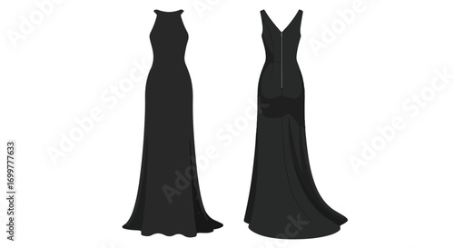 Sophisticated black evening gowns: Illustrating elegant halter and v-neck designs for formal occasions, showcasing refined silhouettes for timeless