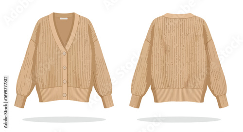 Elegant illustration of a knitted cardigan showcasing front and back views of a stylish beige garment against a white backdrop