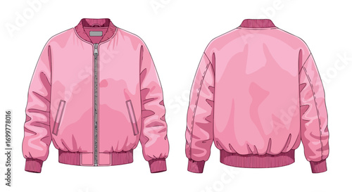 Fashionable pink bomber jacket design illustration, front and back view, showcasing trendy details and contemporary style, clothing and outerwear