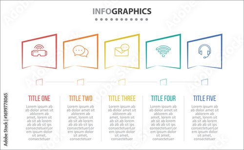 Vector Infographic design with icons. process diagram, flow chart, info graph, Infographics for business concept, presentations banner, workflow layout. 5 options or 5 steps. Horizontal Steps