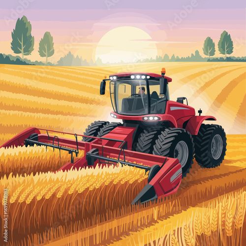 The vibrant red tractor harvests wheat under a breathtaking sunset, showcasing agricultural innovation and farming beauty in a golden field, embodying hard work and rural life.