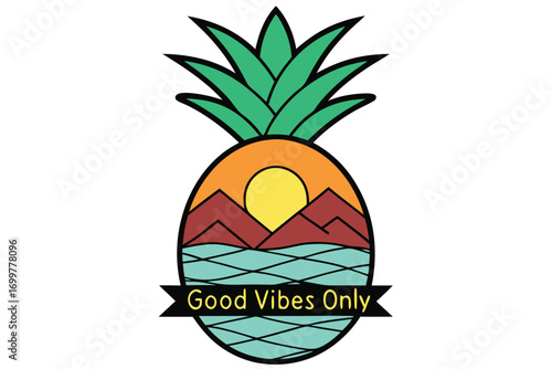 Pineapple Silhouette with Mountain Sunset and Ocean Scene and Text mountains