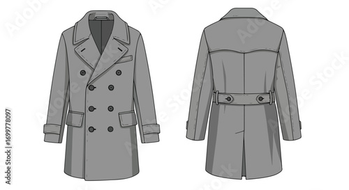 Detailed technical drawing showcasing the front and back of a classic double-breasted trench coat design