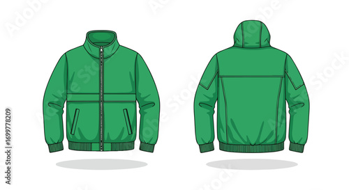 Detailed technical drawing of a stylish green hooded bomber jacket showcasing front and back views for fashion design 73 characters