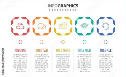 Vector Infographic design with icons. process diagram, flow chart, info graph, Infographics for business concept, presentations banner, workflow layout. 5 options or 5 steps. Horizontal Steps