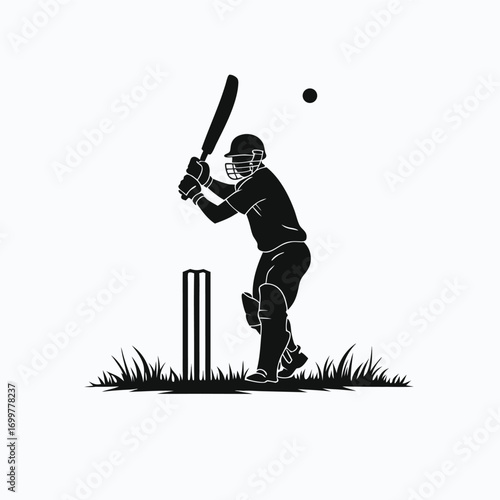 Cricket batsman silhouette swinging bat at ball with wickets Keywords: cricket, batsman