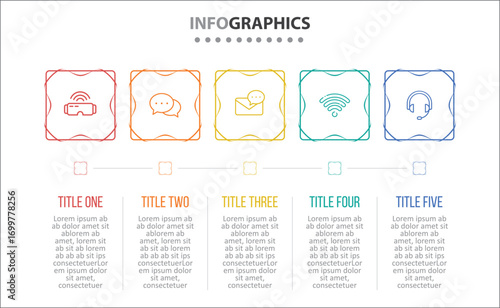 Vector Infographic design with icons. process diagram, flow chart, info graph, Infographics for business concept, presentations banner, workflow layout. 5 options or 5 steps. Horizontal Steps
