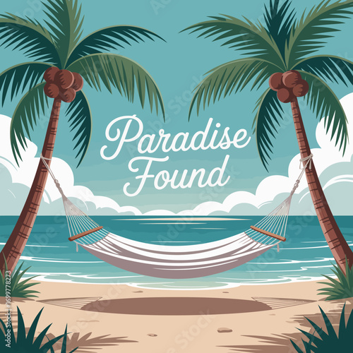 This picturesque tropical beach scene captures a hammock swaying gently between palm trees, symbolizing relaxation, paradise, and the joys of vacationing along sandy shores.
