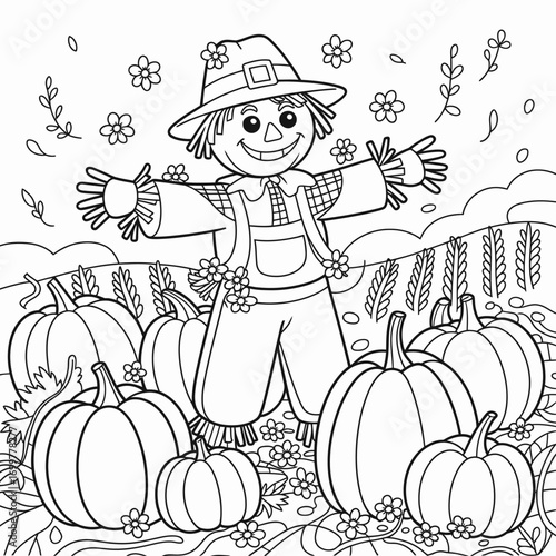 This delightful coloring page illustration features a cheerful scarecrow among pumpkins, embodying the essence of autumn harvest and seasonal festivities with charm.