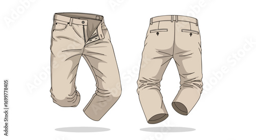 Illustration of khaki casual pants, showcasing front and back views, emphasizing modern style and design elements for fashion oriented marketing