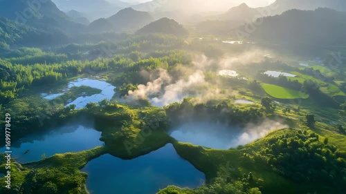 Aerial panorama of Tengchong volcanic landform and hot springs
