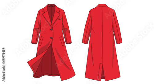 Elegant Scarlet Overcoat Illustration: Front and Back Views for Fashion Design and Clothing Manufacturing Detailed Blueprint Portrayal