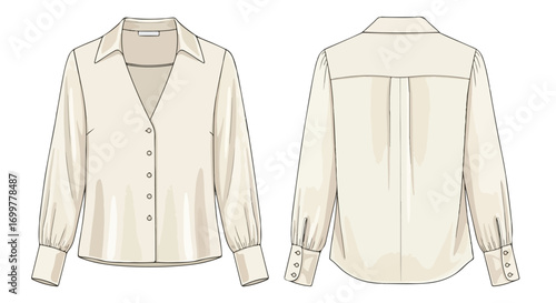 Technical fashion illustration of a women's button-down blouse with long sleeves and a front and back view displayed against a white backdrop