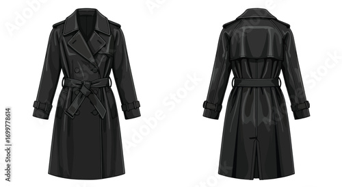 Elegant black trench coat vector illustration with front and back views for fashion designs and catalogs