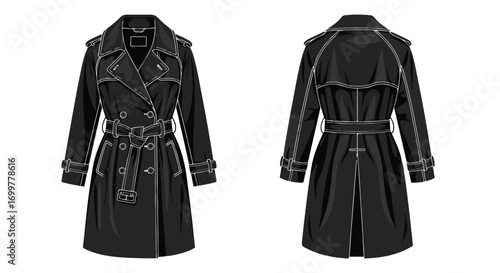 Sophisticated Black Trench Coat Illustration: Front and Back View with Delicate White Accents for Fashion Design and Creative Projects