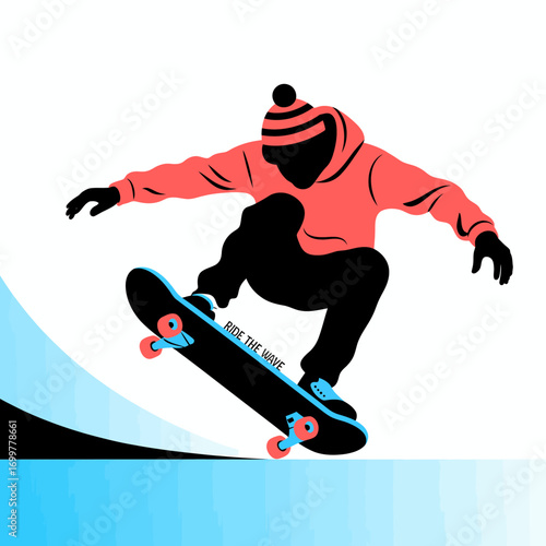 An energetic illustration capturing a skateboarder in motion, performing a trick mid-air, symbolizing freedom and the excitement of extreme sports and urban culture.