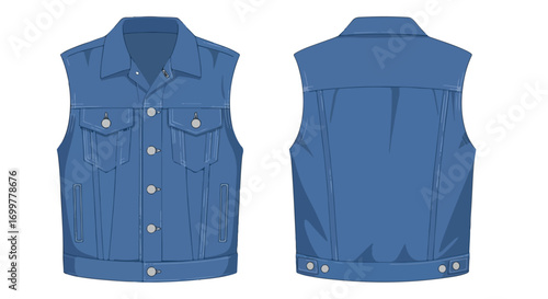 Denim vest technical drawing, front and back view, casual wear, fashion design, isolated, clothing, sleeveless jacket apparel, detailed stitching