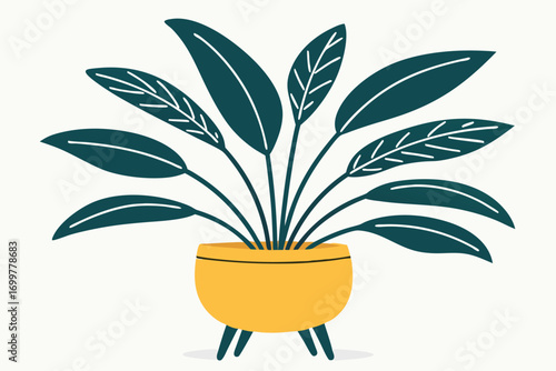 Potted Houseplant with Dark Green Leaves in Yellow Pot Keywords: potted plant, houseplant, indoor plant