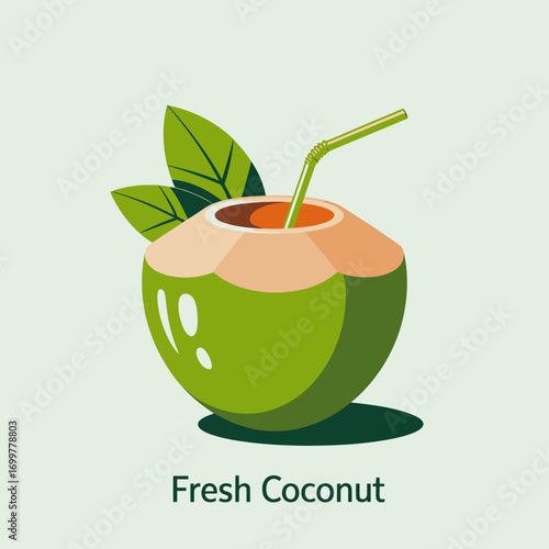 A refreshing coconut filled with a straw and topped with green leaves sits against a light background, representing tropical bliss and hydration in a playful, bright manner.