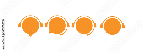 Four orange customer support icons: headset with chat bubble, distorted chat bubble, curved line, and standard headset. Ideal for call centers, help desks, online assistance. Vector isolated
