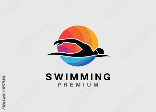 A vibrant, premium logo design featuring a swimmer in motion against an eye-catching gradient, representing fitness, vitality, and excellence in aquatic sports.