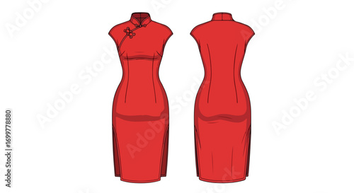 Elegant scarlet cheongsam silhouette rendering, showcasing traditional chinese dress design with a modern digital aesthetic presented with front and