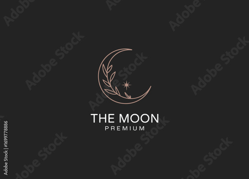 A beautiful minimalist logo featuring a crescent moon adorned with a laurel branch, perfect for premium brands focused on elegance and sophistication in their design.