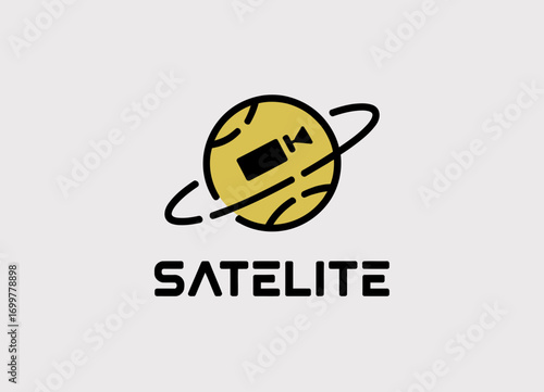 A creative logo featuring a stylized satellite orbiting a planet, capturing themes of technology, exploration, and communication in a simple yet impactful design.