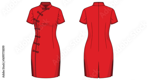 Detailed front and back view illustration of a vibrant red cheongsam dress showcasing its classic silhouette and traditional mandarin collar garment