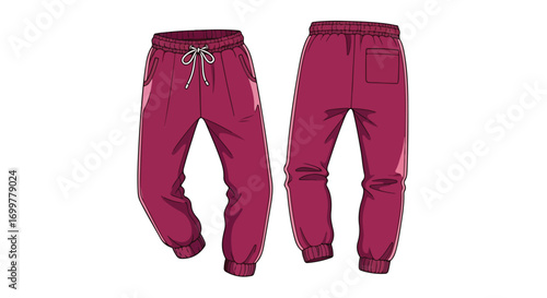 Crimson track pants showcasing front tie closure and back pocket design for sportswear representation