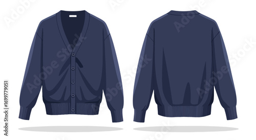 Navy Blue Cardigan Garment Front and Back Illustration Vector Template for Fashion Design and Textile Products