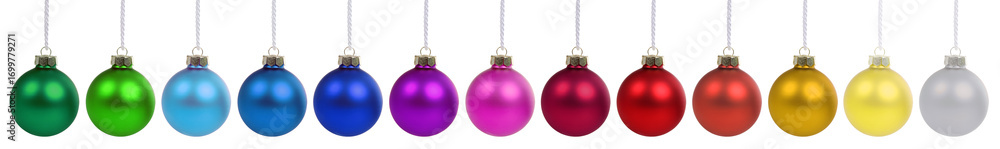 Fototapeta premium Christmas balls decoration colorful in a row isolated on white
