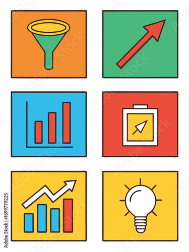 Six colorful hand-drawn icons for business and growth on white background funnel