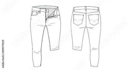 Technical sketch of fashionable cropped denim jeans showcasing front and back design perspectives for garment construction and design reference