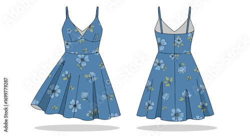 Floral Print Sundress Illustration: Front and Back View of a Light Blue Dress with Delicate Flower Pattern showcasing design concept