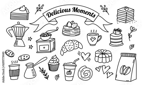 Hand drawn coffee and bakery doodle set with sweets