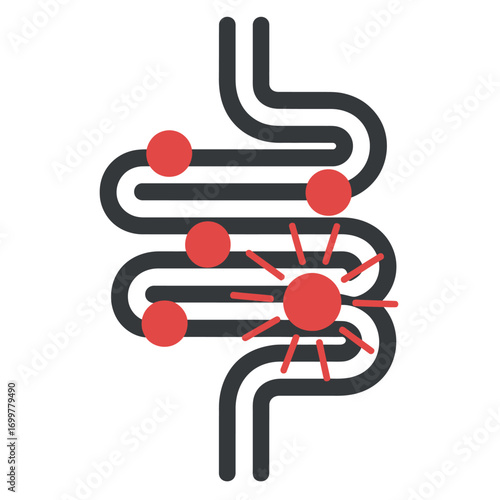 Illustration of the human digestive system with red spots indicating inflammation or infection